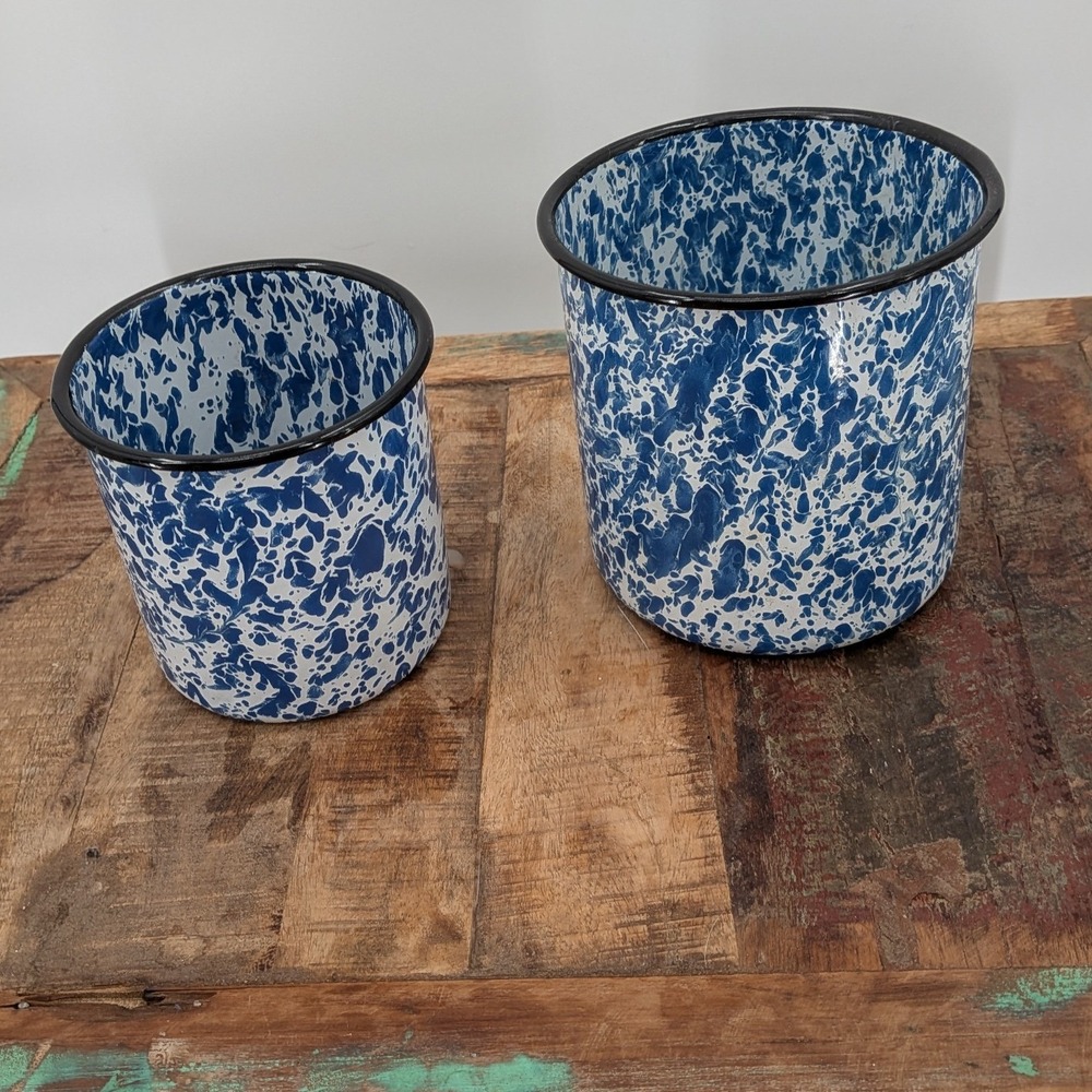 Vintage Blue White Enamelware Splatter Marble Canister Set 2pc Farmhouse Decor